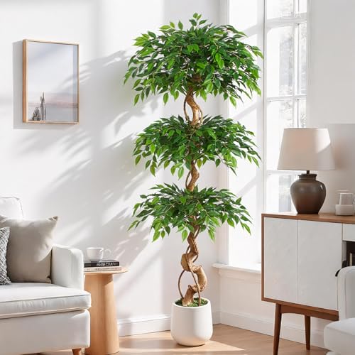 Keeplush Kunstpflanze Ficusbaum 180cm Mit Weiß Topf,Künstliche Pflanzen groß wie echt mit Gebogene Baumstamm und 1860 Blättern,Kunstbaum Für Innendekor Wohnzimmer Schlafzimmer Büro GartenHaus Decor