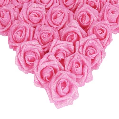 IPOPU Pink Glitter Roses 25PCS Fake Roses Sparkle Roses Bouquet Roses Artificial Flowers with Stems for Cake Wedding Bouquet Home Party Decoration(Dark Pink)