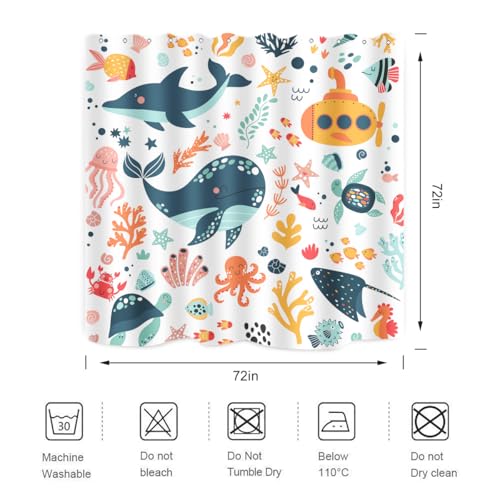 Image of Kids Cartoon Ocean Shower Curtain Cute Fish Sea Turtle Whale Dolphin Funny Underwater Submarine Animal Sea Life Children Boy Home Bathroom Decor Waterproof Fabric 72Lx72W Inch with 12PCS Hooks