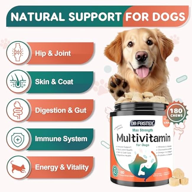 Dog Multivitamin, Dog Vitamins and Supplements, Multivitamin for Dogs with Glucosamine, Probiotics & Omega 3 for Joint, Digestive, Skin, Coat and Immune Health, Chicken Flavor - 180 Bites-5IGRhrHg