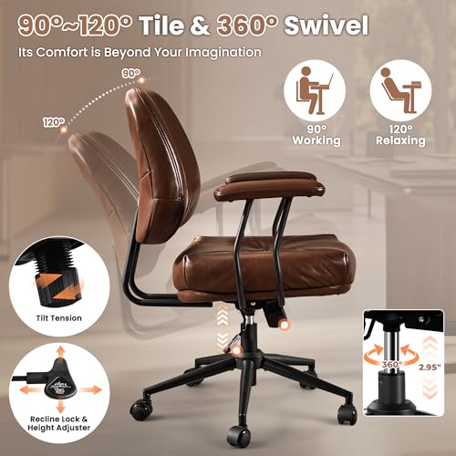 Image of ovios Ergonomic Office Chair, Mid Back Faux Leather Executive Chairs with Thick Cushion, Comfy Mid-Century Modern Swivel Rolling Computer Armchair (Dark Brown, PU Leather)