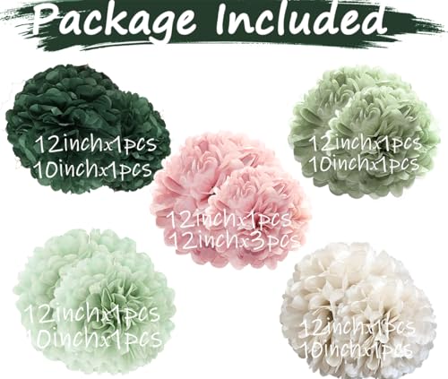 Image of Tissue Paper Pom Poms Kit Paper Flowers 12pieces for Gender Baby Shower Wedding Bridal Bachelorette Birthday Party Decorations (Boho Green + Dusty Pink)