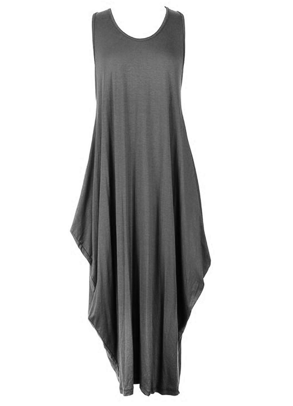 Zee Fashion Women's Charcoal New Italian Lagenlook Tulip Parachute Dress Stretchy Sleeveless Long Tunic Top 8-18