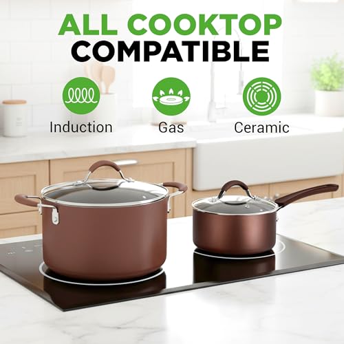 Image of NutriChef 20 Piece Professional Home Kitchen Cookware and Bakeware, Pots and Pans Set Non Stick Kitchenware, Cool-Touch Handles, Safe for Gas, Electric, Induction Cooktops, Easy Clean, Brown
