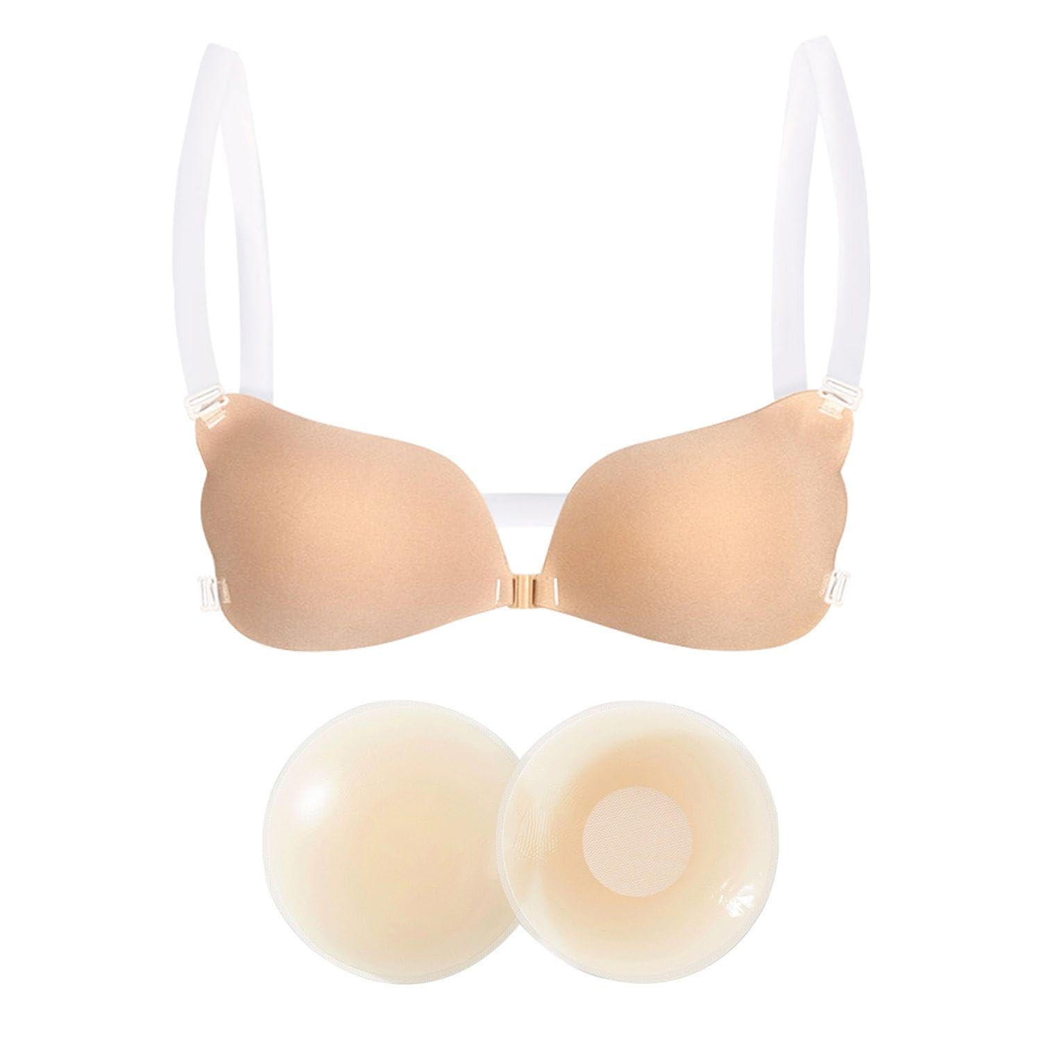 1 Piece Of Bra With Invisible Shoulder Straps, 1 Pair Of Invisible Silicone Chest Stickers, Silicone Gathered Bra, Anti-Bump Breathable Breast Stickers.
