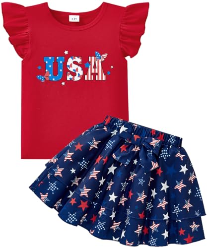 Image of Girls Skirt Set 2 Piece Outfit Toddler Summer Clothes Ruffle Sleeve T-Shirt Bow Knot Tutu Skirt Outfit Set