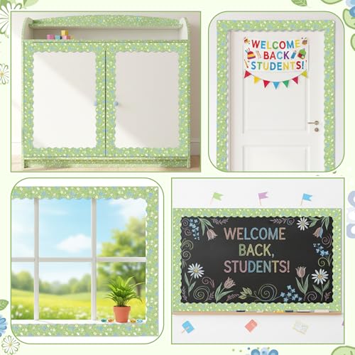 Image of BeYumi Spring Wildflowers Border Trim - 65ft Spring Green Wildflowers Scalloped Rolled Border Trim Daisy Flower Green Wild Floral Bulletin Board Set School Classroom Chalkboard Springtime Party Decor