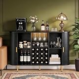 DHH 55" Wine Bar Cabinet with Storage, Fluted Liquor & Coffee Bar Cabinet with Wine Rack and Glass Holder, Buffet Sideboard with LED Lights for Home Kitchen Living Dining Room (Black)