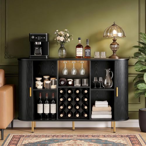 Image of DHH 55 inch Wine Bar Cabinet with Storage, Fluted Liquor & Coffee Bar Cabinet with Wine Rack and Glass Holder, Buffet Sideboard with LED Lights for Home Kitchen Living Dining Room(Black)