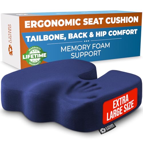 Image of 5 STARS UNITED Seat Cushion - Memory Foam Chair Cushion for Tailbone Pain Relief - Ergonomic Support for Coccyx, Sciatica & Butt - Office, Desk & Gaming Chair, Car Seat, Wheelchair, Airplane, Blue
