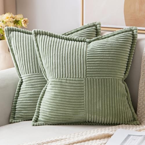 Image of MIULEE Spring Decorative Throw Pillow Covers for Couch Bed Livingroom 16x16 Inch Set of 2 Sage Green Boho Accent Throw Pllows Broadside Striped Patchwork Soft Corduroy Pillowcases
