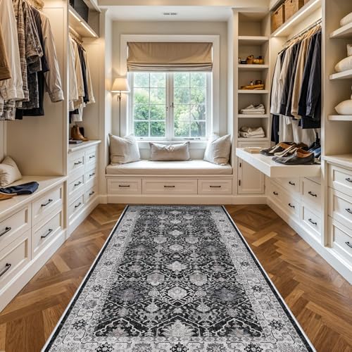 Washable 4x8 Hallway Runner Rug: Vintage 8ft Soft Runners for Entry Living Room Wide Low Pile Carpet with Non-Slip Backing for Kitchen Bedroom Thin Stain Resistant Floor Mat for Dining Room(Black,4x8)