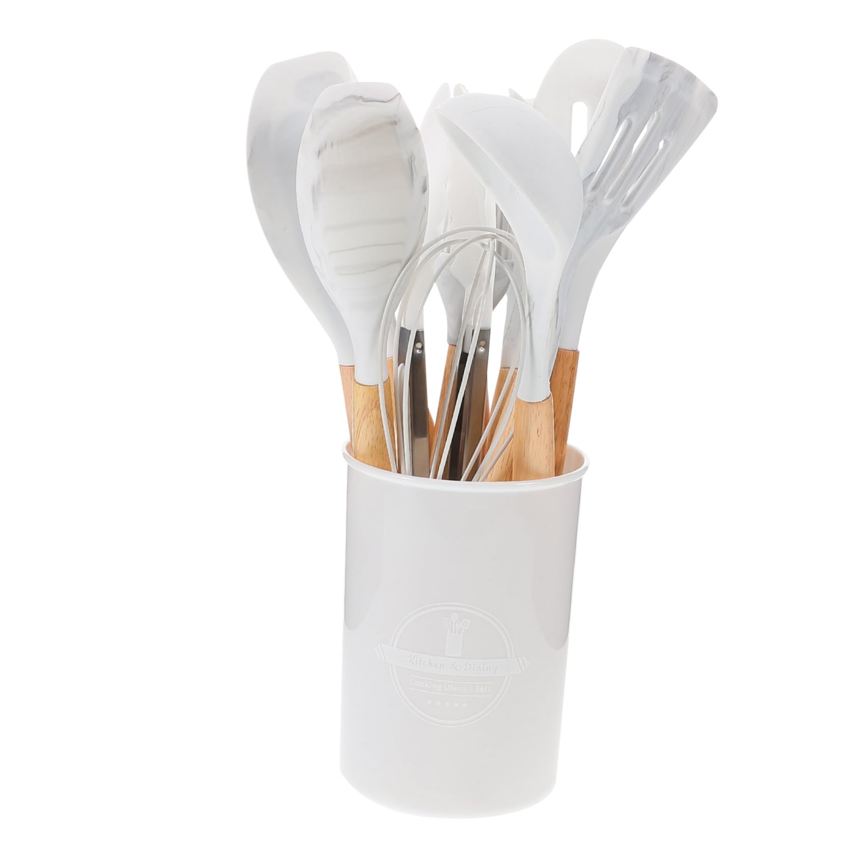Ensemble D’ustensiles Cuisine 12 Pièces en Bois et Silicone Blanc