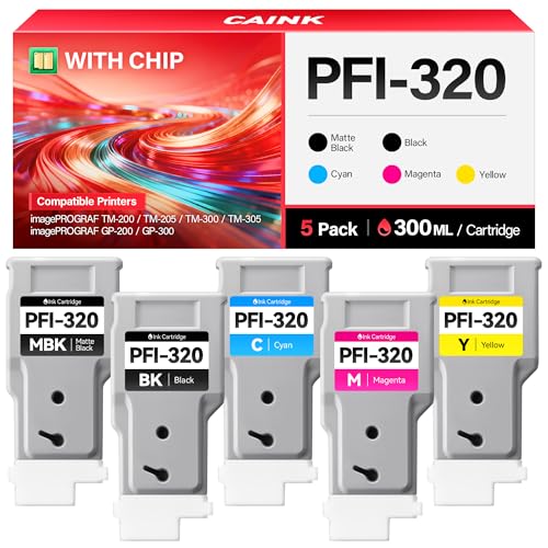 Image of PFI-320 Pigment Ink Tank 300-ml Set 5-Pack High Capacity Replacement for Canon PFI-320 PFI320 Ink Compatible with Canon imagePROGRAF TM-200 TM-205 TM-300 TM-305 Printer Matte Black Cyan Magenta Yellow