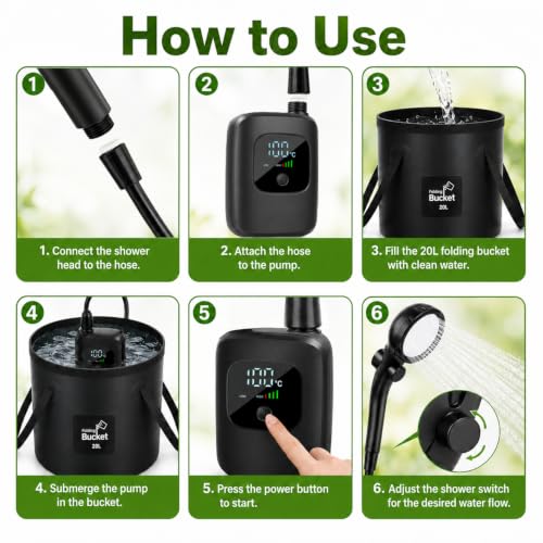 Ducha portátil ZEUSFIRE para camping con bomba recargable, balde plegable de gran capacidad, cabezal de ducha filtrado y kit para exteriores ideal para playa, senderismo, viaje, automóvil y mascotas miniatura 4