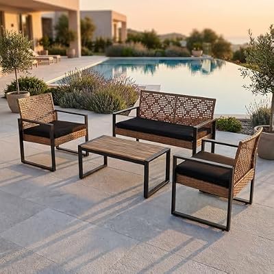 Outdoor Patio Furniture Set, 4 Piece Rattan Chairs with Coffe Table for Backyard, Balcony, Deck, Front Porch, Patio Conversation Seating Sets for Outside, Juego Muebles de Exterior(Light Brown)