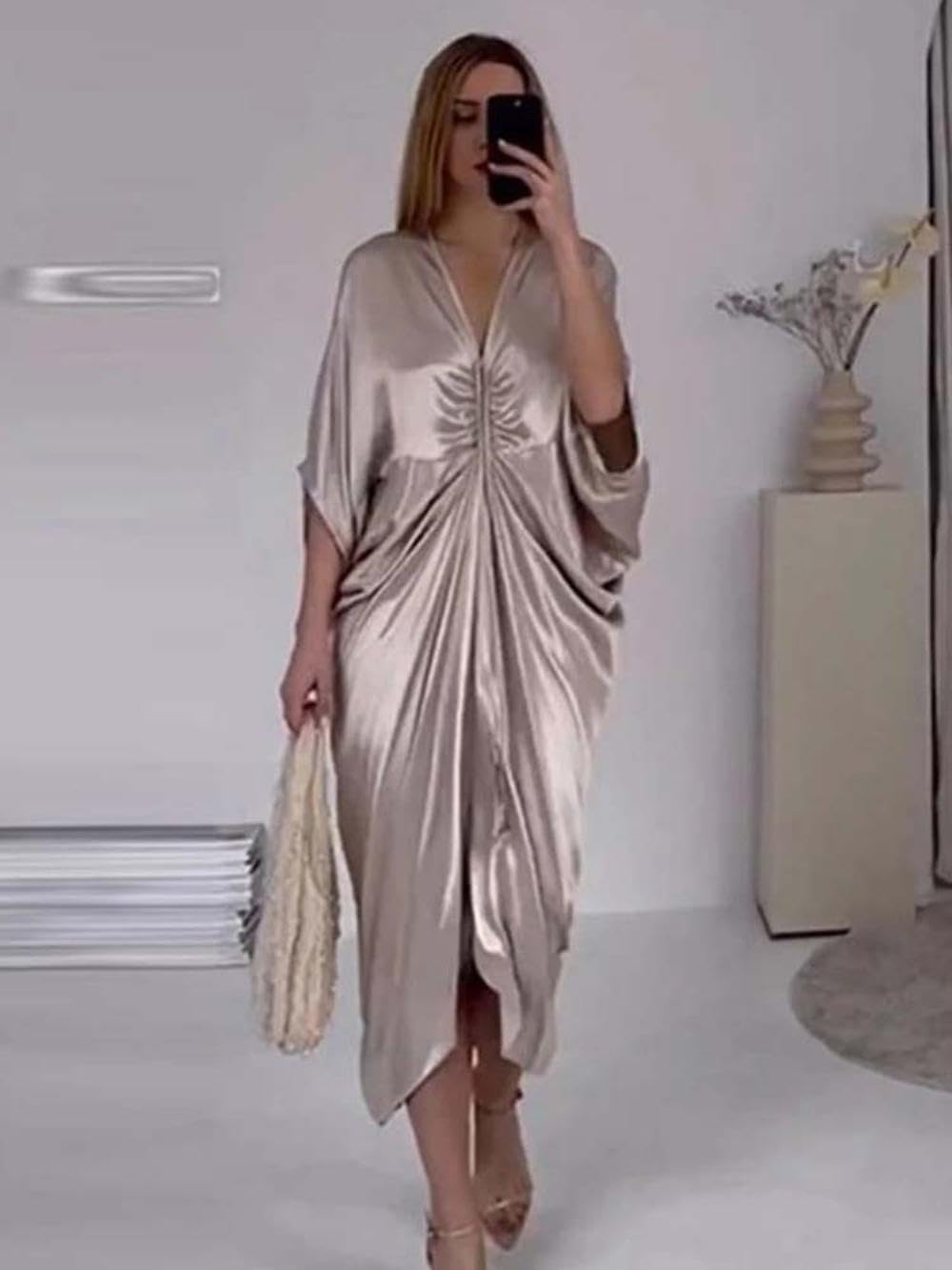 NOLLAM Vestido de Mujer, Vestido Camisero Largo de satén de Seda, Fiesta, Vacaciones, Club Nocturno, graduación, Playa, jóvenes y Mujeres de Mediana Edad