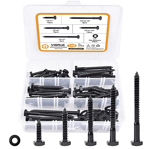 1/4" Hex Lag Bolts Stainless Steel 18-8 (304), VIGRUE 108PCS Black Oxidized, Hex Lag Screws Heavy Duty Wood Screws Washers Assortment kit, Length Include 1" 1-1/2" 2" 2-1/2" 3" 1/4 x 1" to 3