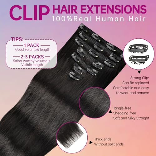 Image of 1B Natural Black Human Hair Clip In Extensions - 20 Inch Straight Seamless 7pcs /110g, Real Remy Invisible Clip Ins for Women（Cabello Humano)