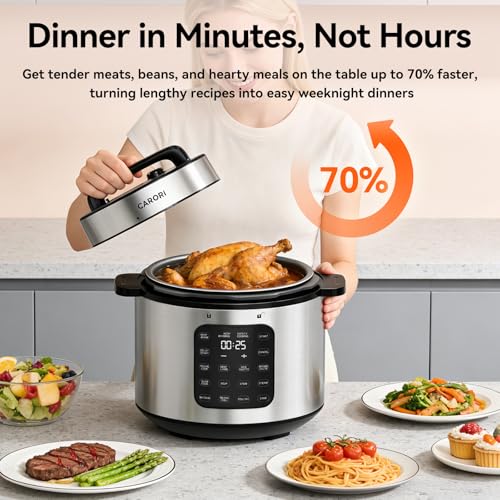Image of Carori 8 Qt Electric Pressure Cooker, 9-in-1 Multi-Cooker 1000W with IMD Touchscreen, Non-Stick Inner Pot, For Pressure /Slow /Rice Cooking, Steaming, Saute & Keep Warm, Silver