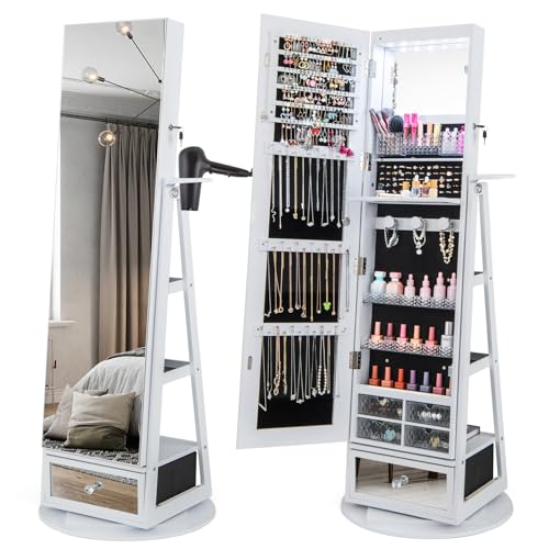 COSTWAY Armoire à Bijoux avec Miroir sur Pieds, Pivotant 360°, Lumières LED, Miroir Psyché sans Cadre, Verrouillable, Support pour Sèche-Cheveux, Étagères à...