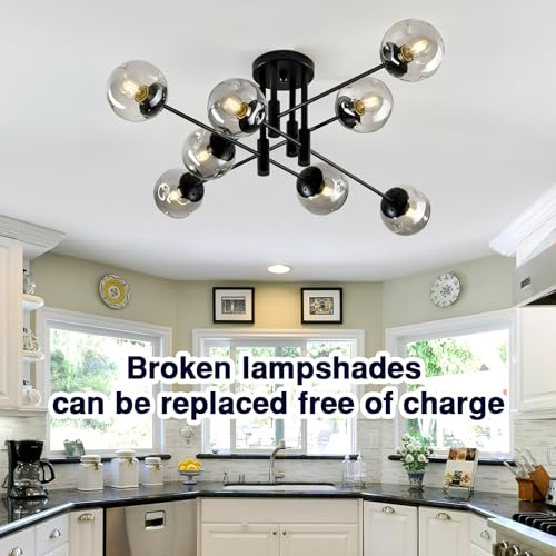 Image of 8 Light Glass Globe Ceiling Light Black Mid Century Flush Mount Sputnik Light Fixture Bubble Chandelier Living Room Farmhouse for Dining Room Kitchen Bedroom.
