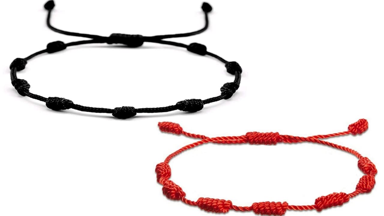 Wustifyz - Nazar Dhaga With Knotted Beads | Red Bracelet for Protection for Family | Black Handmade Luck Cord Bracelet Adjustable Bracelet for Men & Women (Pack Of 2)