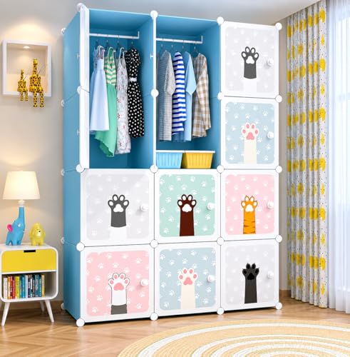 Image of EXVITO Kids Plastic Wardrobe - 12 Door Foldable Almirah for Clothes with Hanging Rod, Collapsible Wardrobe Cartoon Print Cupboard for Baby & Kids Room - KTN2