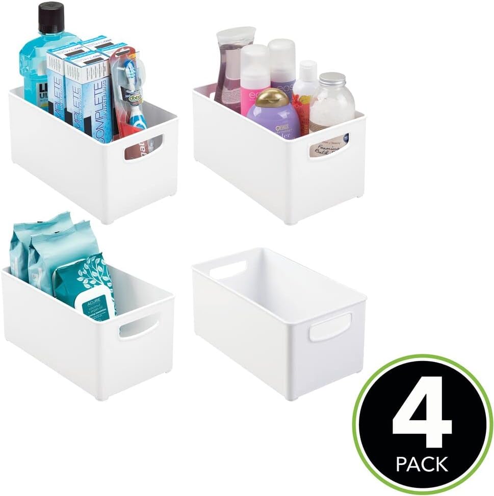 mDesign Plastic Storage Organizer Wide Container Bin with Handles for Bathroom, Home Organization - Holds Vitamins, Supplements, Makeup, Styling Tools - Ligne Collection - 4 Pack - White