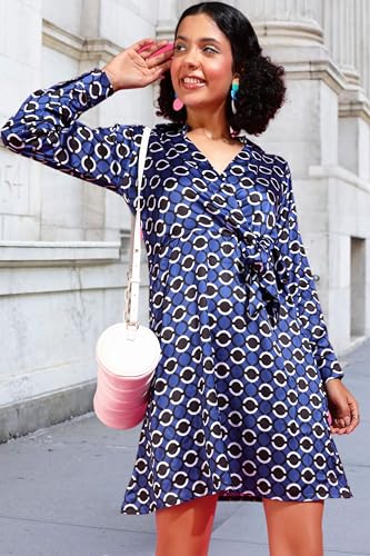 Image of POPWINGS Women Casual Blue & Black Dot Circle Print Satin Dress Dress | Stylish Dress | Trendy Dress