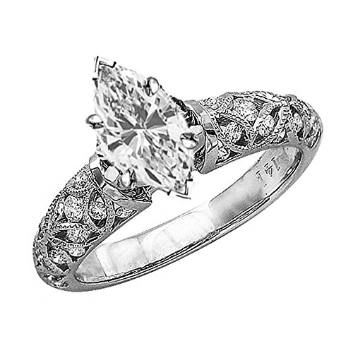 14K White Gold 2.5 Carat LAB GROWN DIAMOND Vintage Style Channel Set Filigree Marquise Cut Diamond Engagement Ring (G-H Color VS2-SI1 Clarity 2 Ct Center)