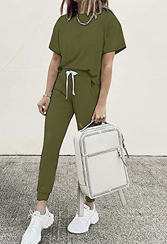 Image of PRETTYGARDEN Women Summer Two Piece Outfits Striped Short Sleeve Pullover and Long Pants Tracksuit Travel Pajama Lounge Set
