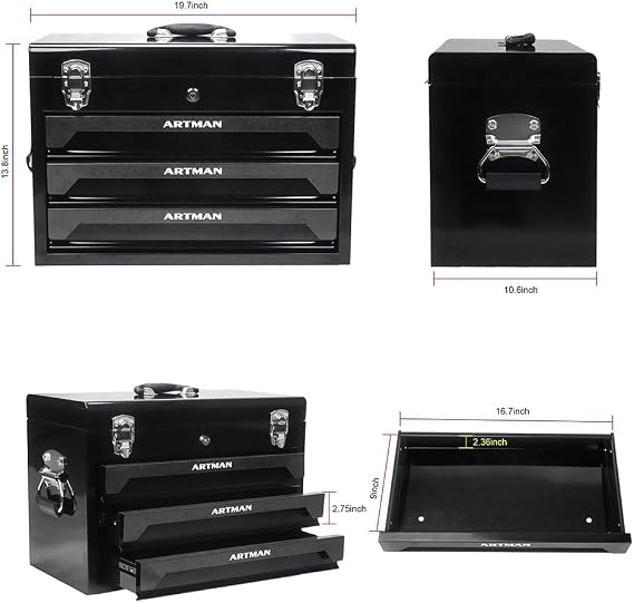 3 Drawers Portable Tool Box with 439-Piece Hand Tool kit, 20 Steel Tool Chest with Top Storage Tray, Lockable Metal Toolbox Tool Organizer for Garage, Workshop, Home,Black