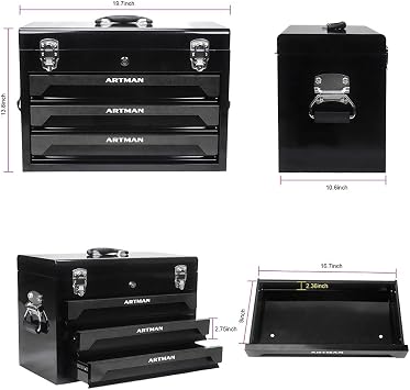 3 Drawers Portable Tool Box with 439-Piece Hand Tool kit, 20 Steel Tool Chest with Top Storage Tray, Lockable Metal Toolbox Tool Organizer for Garage, Workshop, Home,Black