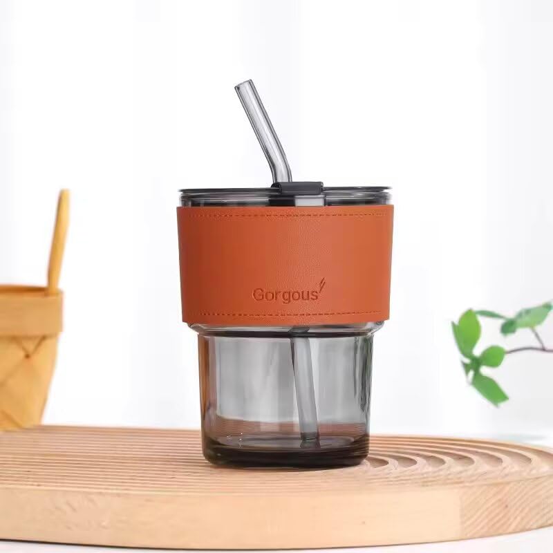 Image of ANKUL Beer Can Glass Tumbler with Straw and Lid Leather Band- 400ml- Pack of 1 - Mojito Sipper Mug with Lid for Kids Milk Cup with Straw (Lather Grey Tumbler, 1)