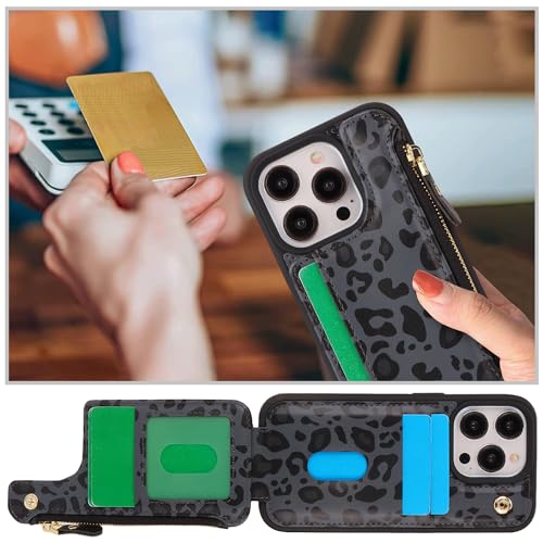 Image of Cavor for iPhone 13 Pro Case with Card Holder,for iPhone 13 Pro Wallet Case for Women Men,Leather Magnetic Clasp Zipper Pocket Protective Phone Cover-Leopard Black