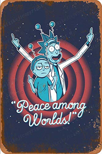 Rick and Morty Peace Among Worlds Cartel Retro de hojalata, Cartel Vintage, Placa, decoración de Pared para Bar, cafetería, jardín, Dormitorio, Oficina, Hotel, 20X30 cm