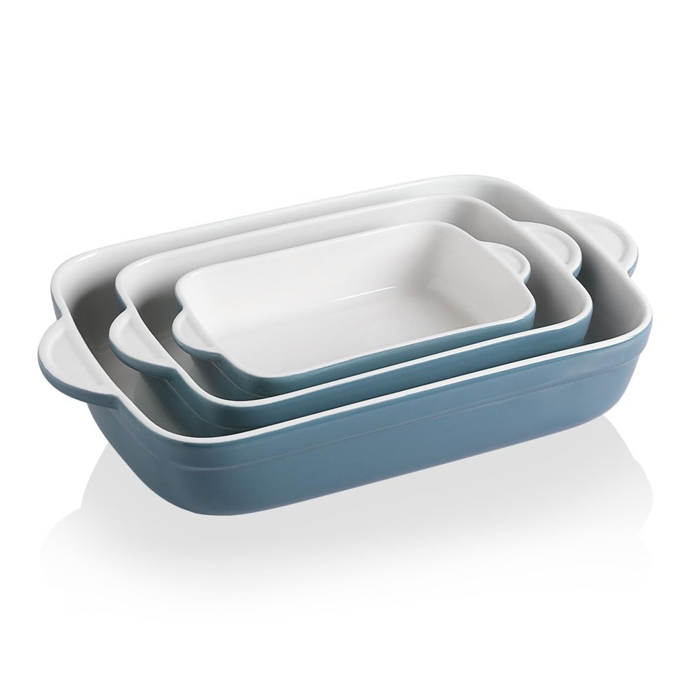 SweejarCasserole Dishes for Oven, Ceramic Bakeware Set of 3, Lasagna Pan Deep with Handle, Rectangular Baking Pan Set, 9x13 Baking Dish for Cooking, Banquet and Daily Use (Fog Blue)