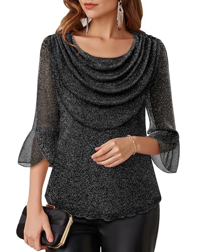 Lotusmile Fall Fashion for Women Trendy: Women Blouses Dressy Casual - 3/4 Sleeve Shirts Sparkle Cowl Neck Tops for Womens Evening Events - Double-Layer Ladies Tops and Blouses Holiday Party Black XL