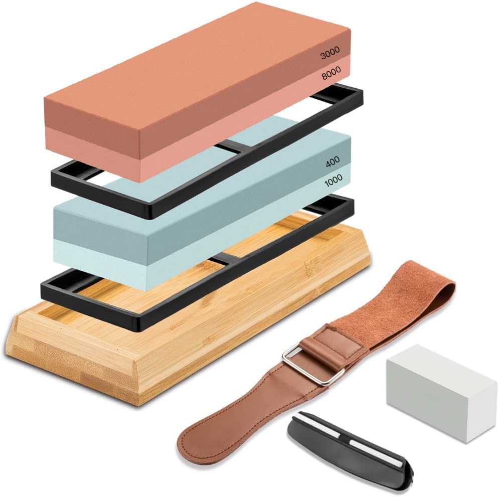 Knife Sharpeners Corundum Whetstone Kit - 400/1000 3000/8000 Grit Whetstone Sharpener set with Non-slip Rubber Base Angle Guide Flattening stone and Leather Strop (8 in 1)
