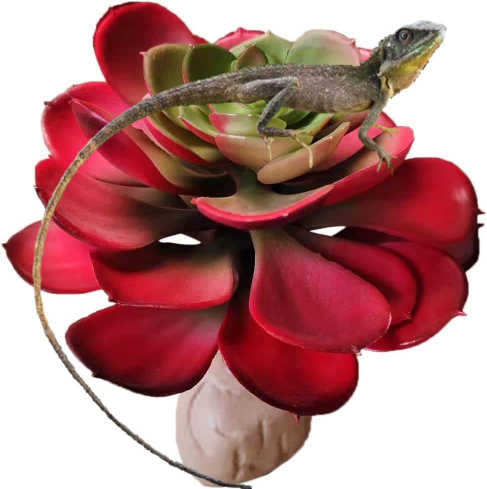 KERUIDENGReptile Terrarium Plants Rainforest Ground Plastic Plants Decoration for Reptile Habitats Decor with Base (Large Red Stone Lotus)