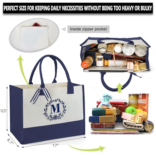 Image of BeeGreen Birthday Gift Ideas For Her Sister, Teacher, Mom, Bridesmaid, Retirement Gifts For Female Coworkers, Mothers,Grandma - Funny Initial Beach Bag With Pocket,Gift Baskets Empty,Navy Tote Bag