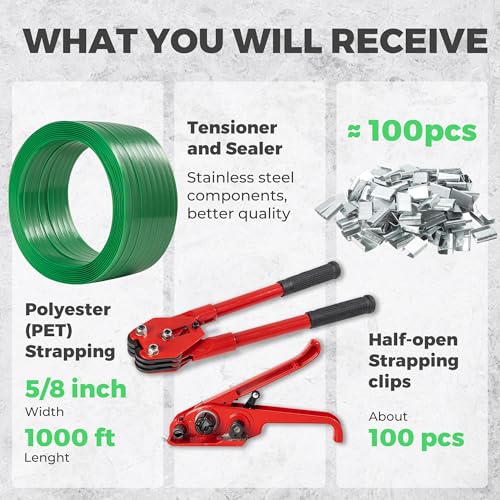pallet banding strapping kit 5834x 100039 heavy duty pet strapping with tensioner and sealer tool 100 metal seals for shipping moving warehouses and industrial bundling 1480 lbs break