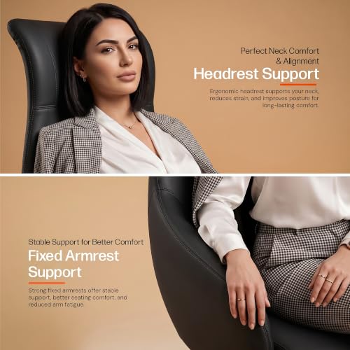 Image of DROGO Calista Ergonomic Office Chair for Work & Home with Premium Vegan Leather | Executive Boss Chair with 5 Cm Seat Depth Adjustment | 3-Point Tilt Recline Lock | Heavy Duty Metal Base (Black)