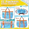 Sac de plage XXL élégant et spacieux pour femme – 12 poches, pliable et léger, comprend 2 mousquetons, Bleu avec orange, XX-Large, Sac de plage en maille #3