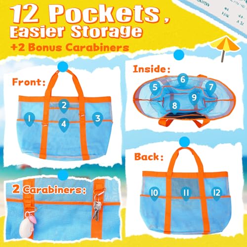 Stylish & Spacious XX-Large Beach Bag for Women – 12 Pockets, Foldable & Lightweight Mesh Tote, Includes 2 Carabiners4