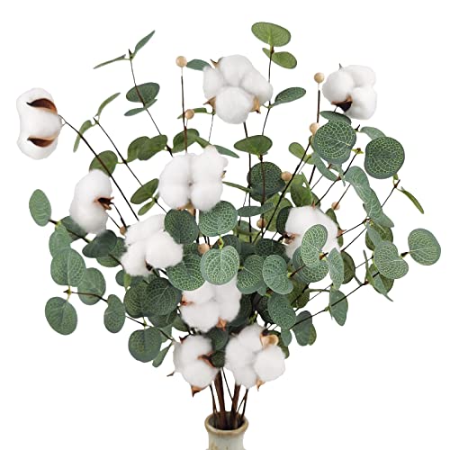 Phliofd 10 Pcs Dried Cotton Flower Stems With 2 Pcs Artificial Eucalyptus Stems, 26.4" Eucalyptus Leaves Cotton Floral Stems For Wedding Bouquet Vase Farmhouse Table Centerpieces Wall Decor #TOP14