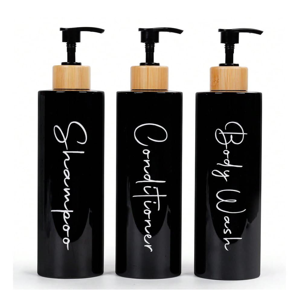 Bathroom Soap Dispenser | Set of 3 Bottles for Gel Shampoo and Conditioner 500 ml with Bamboo Details | This Bathroom Soap Dispenser is Elegant and Will Enhance the Style of Your Home (Black)