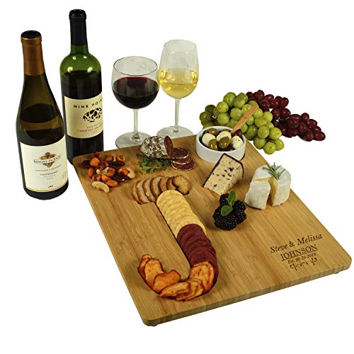 Picnic at Ascot Custom Personalized Alphabet Bamboo Cheese/Charcuterie Board with a Groove milled in the shape of a Letter for Crackers - Includes Ceramic Dip/Olive Bowl with bamboo spoon