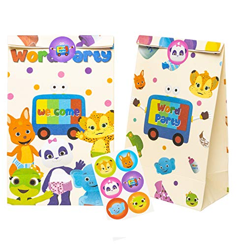 HAOORYX 24 Pack Word Party Paper Bags, Cartoon Party Favor Gift Bag Recyclable Goodies Candy Treat Bags for Kids Theme Birthday Party Supplies Children Rewards Baby Shower Decoration& 4 sheet stickers